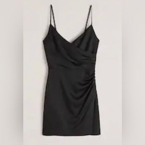 NEW Black Satin Ruched Wrap Dress